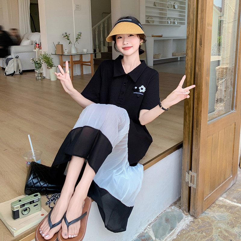 法式甜美减龄Polo领连衣裙女2025夏季新款韩版宽松显瘦撞色长裙子,女装连衣裙,浙宝293