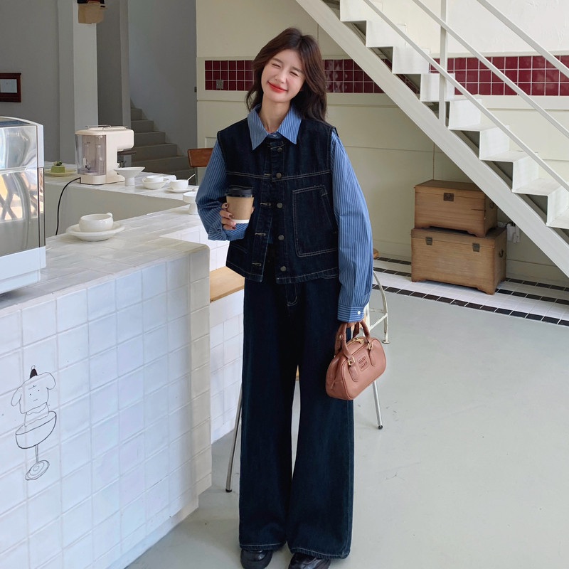 【春款现货】复古文艺叠穿马甲衬衣三件套套装293-2719-P195控295，女装套装/套裙，浙宝293