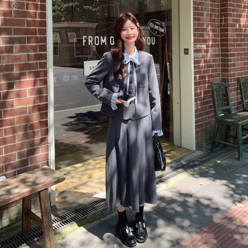 【新款】现货灰色西装百褶衬衣三件套套装293-2699-P195控278,女装套装/套裙,浙宝293