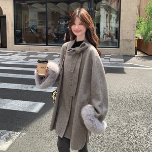 灰色千金风羊毛双面羊绒大衣女秋冬加厚高级感蝴蝶结立领呢子外套图片