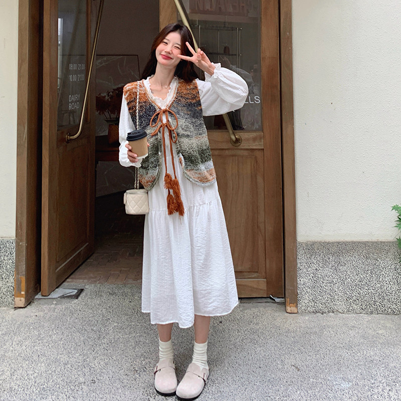 针织马甲白色连衣裙女2025春秋新款法式气质温柔仙女裙,女装连衣裙,浙宝293
