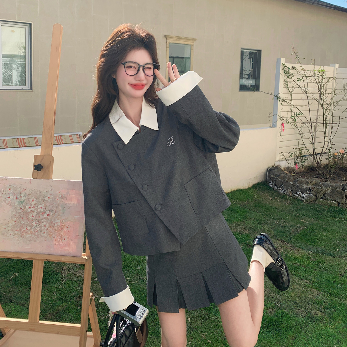 【新款】刺绣拼接撞色西装外套+半身裙套装293-262-P185控298，女装套装/套裙，浙宝293