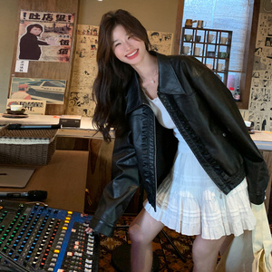 黑色甜酷复古设计感环保皮衣外套女2025秋季新款高级感机车服夹克图片
