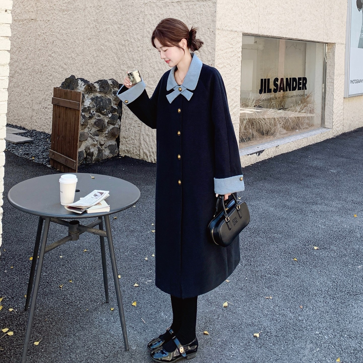 黑色撞色蝴蝶结毛呢大衣女秋冬2025新款减龄显瘦独特高级设计外套,女装毛呢外套,浙宝293
