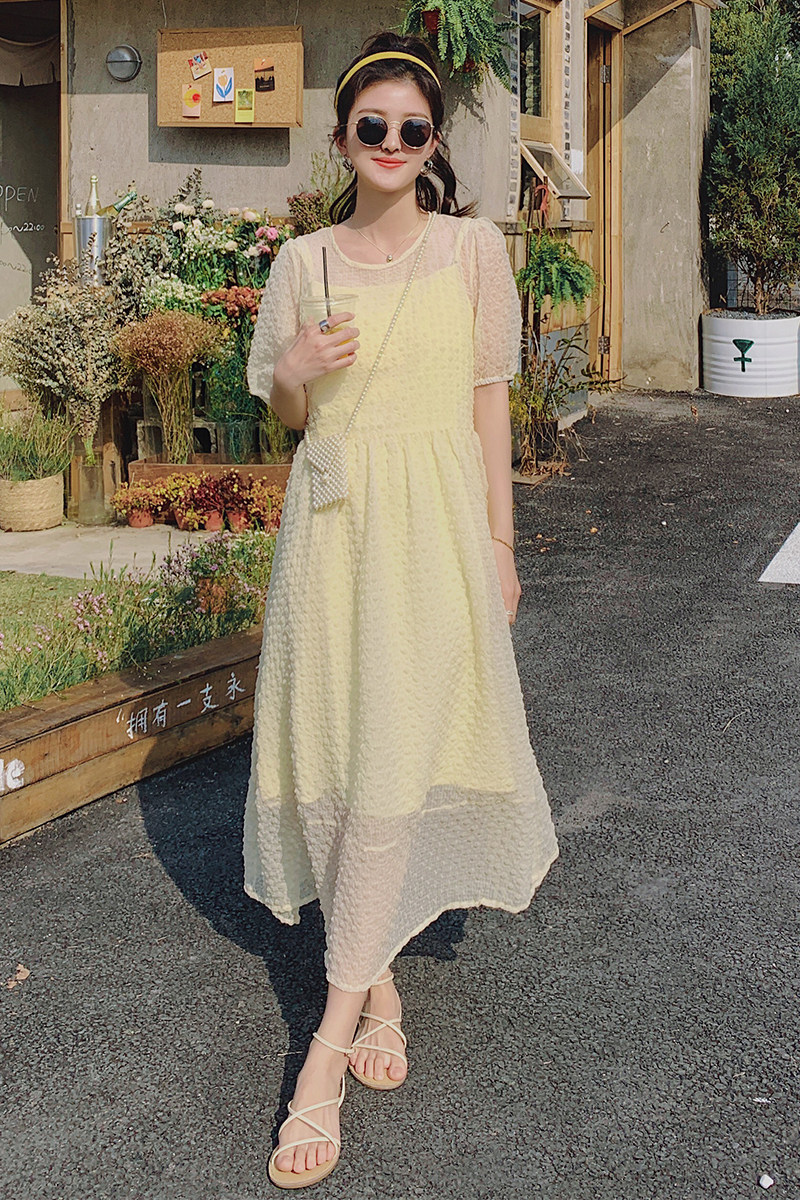 【】奶黄色泡泡格连衣裙两件套205A-6606-P120控168,女装连衣裙,浙宝293