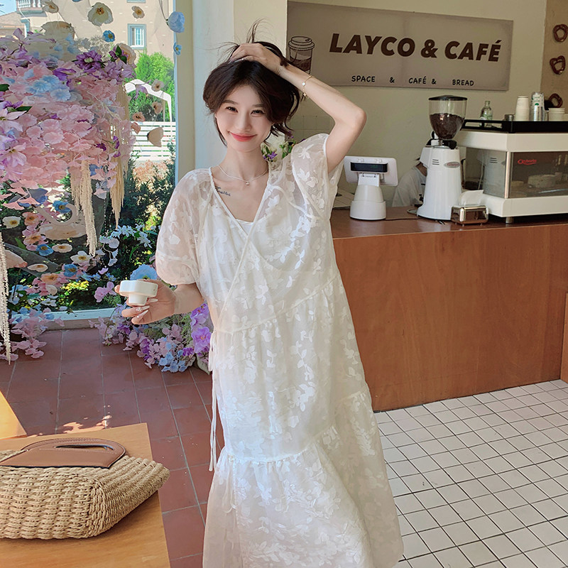 法式甜美茶歇v领连衣裙女2025夏季新款韩版宽松显瘦泡泡袖长裙子,女装连衣裙,浙宝293