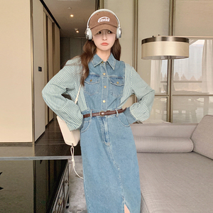 韩系甜美条纹衬衫拼接连衣裙女2025春秋季新款收腰显瘦牛仔长裙子图片