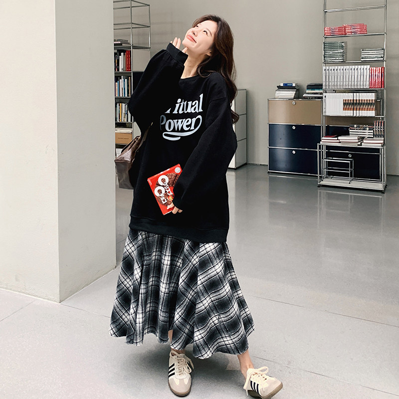 韩系学院风套装女2025秋季新款假两件拼接卫衣连衣裙格子长裙,女装连衣裙,浙宝293