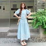 奶甜系刺绣泡泡袖衬衫套装裙女2025夏季新款森系减龄半身裙两件套，女装套装/套裙，浙宝293