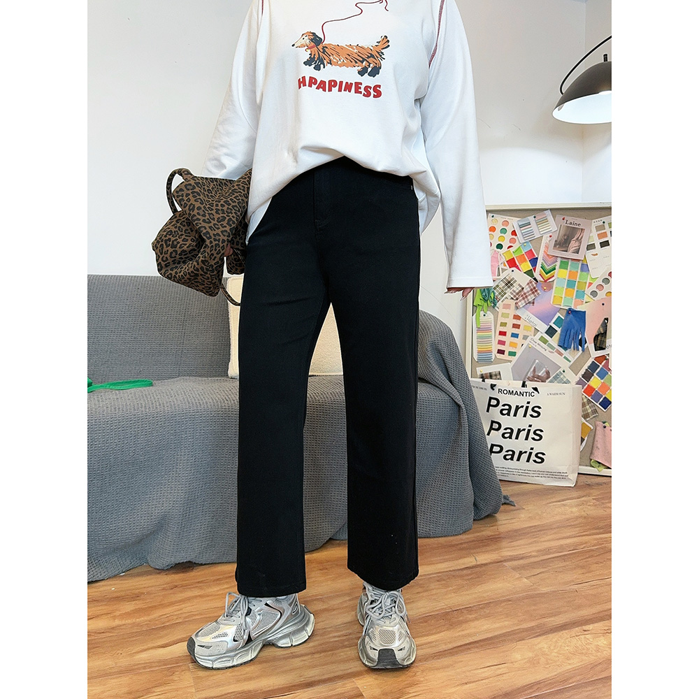 高腰高弹力九分直筒牛仔裤显瘦