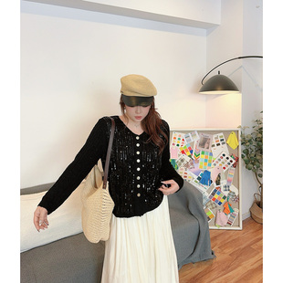 正肩V领亮片镂空针织开衫 新品 上衣 0点