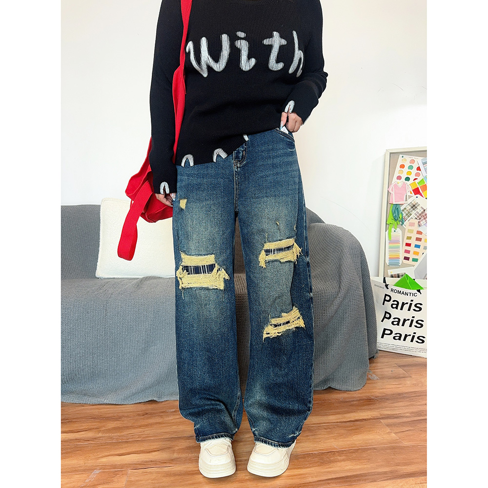 假破洞高腰阔腿宽松哈伦牛仔裤