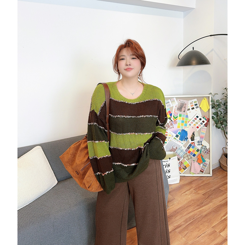 圆领套头撞色条纹落肩针织毛衣