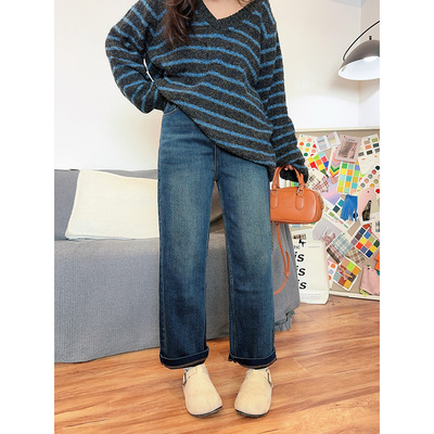 高腰弹力直筒加绒植绒牛仔裤保暖