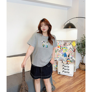 厚实刺绣圆领短袖 花边下大码 春秋款 女装 正肩T恤上衣 胖mm2025新款