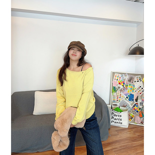 V花边下大码女装胖mm2025秋季圆领露肩长袖针织衫上衣内搭外穿