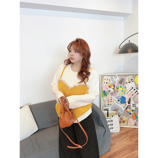 花边下大码女装胖mm2025秋冬新款花边拼接假两件撞色针织毛衣