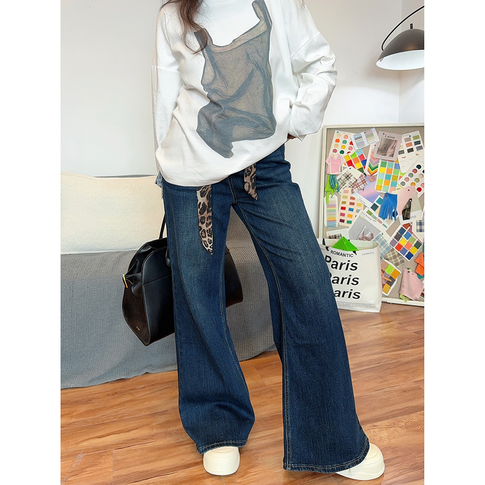 豹纹腰带阔腿微喇牛仔裤遮肉显瘦