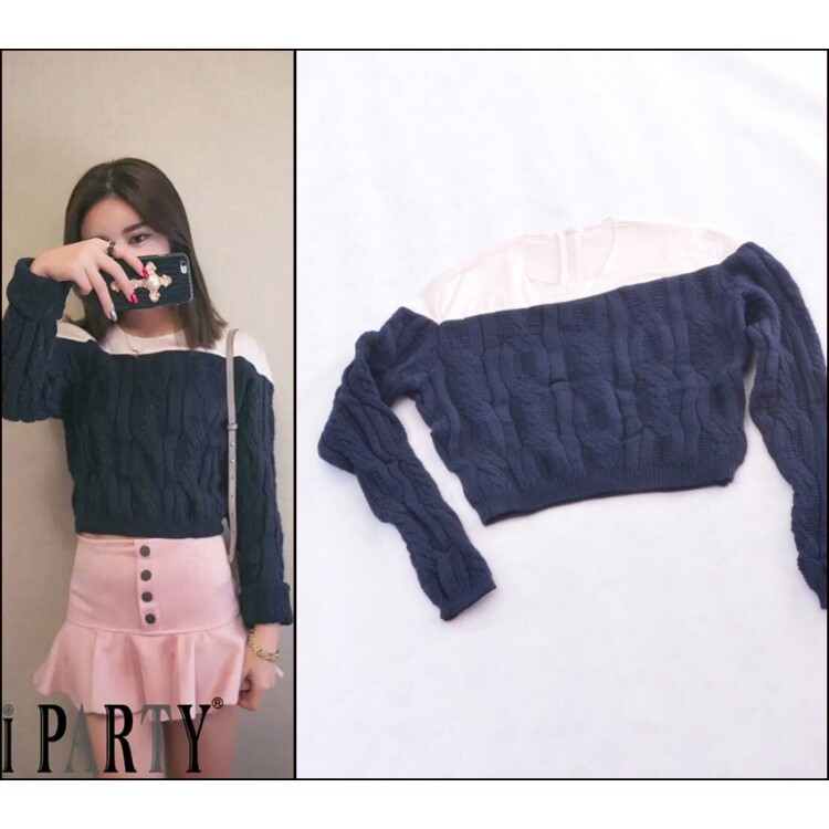 韩版东大门女装麻花针织衫时尚拼接长袖短款打底衫毛衣女