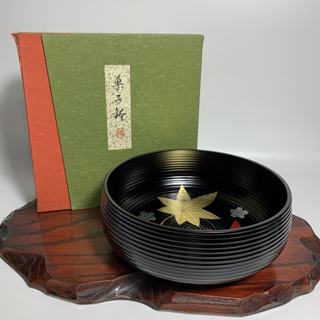 日本漆器平安象彦木胎整抠金银莳绘枫叶樱花果子器多用钵茶盘果盘