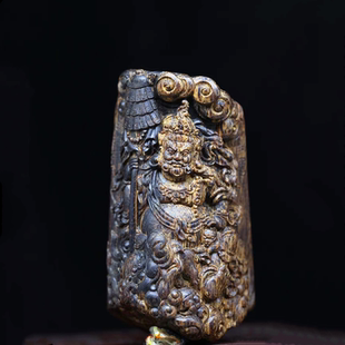 财宝天王沉香手工雕刻挂件文莱黄财神木雕牌子收藏黑油沉水奇楠