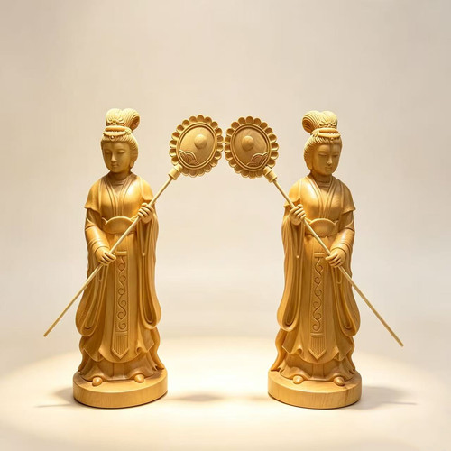 宫女摆件手执扇子妈祖侍女王母娘娘日月护法左右仙女木雕实木雕刻