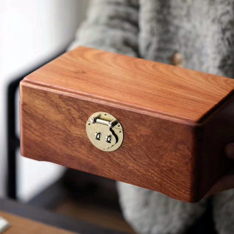 实木首饰盒铜扣带镜子长方形红木收纳盒木制盒子中式匣子花梨木质