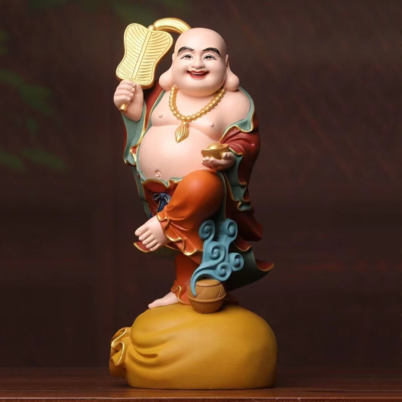 彩绘弥勒佛摆件彩色芭蕉扇木雕招财家居玄关装饰布袋佛喜庆人物