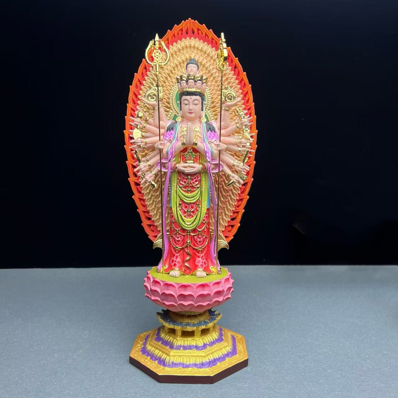 千手观音佛像圆雕站立12寸桧木雕刻莲花底座人物玄关装饰摆件包邮
