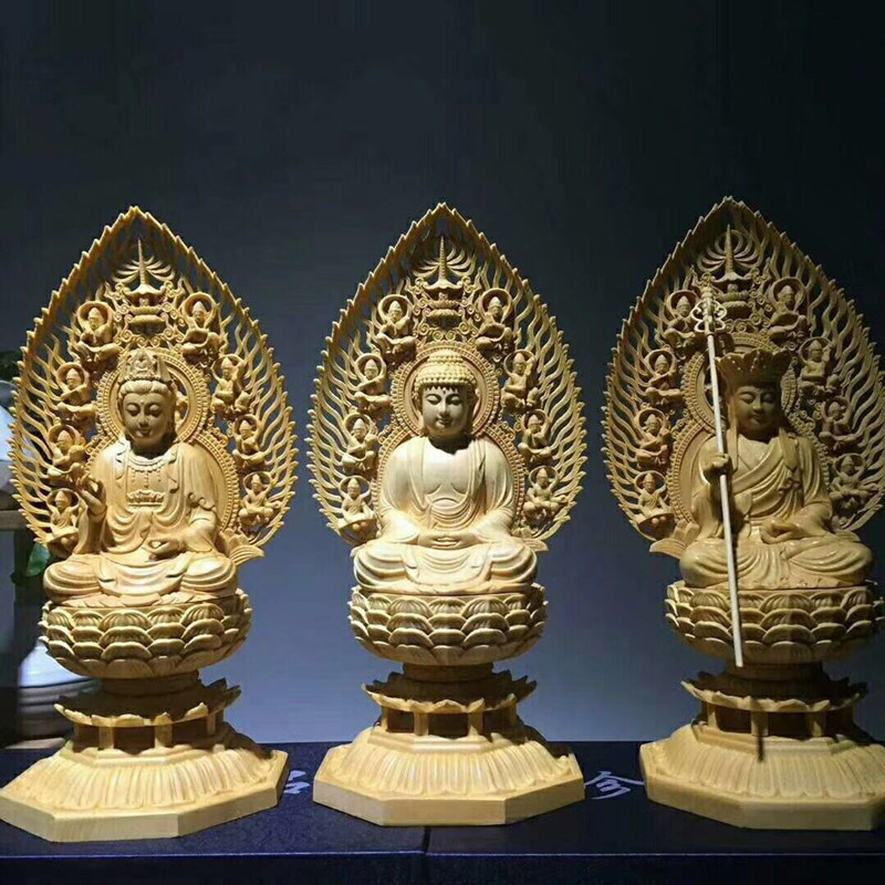 药师佛观世音菩萨底座黄杨木雕刻