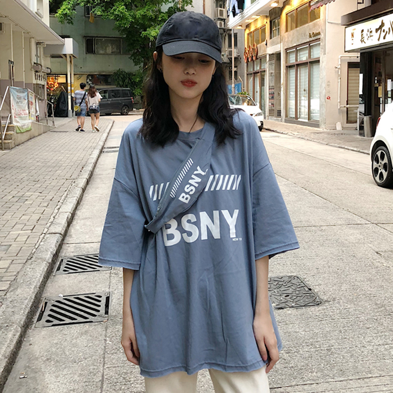 ins2018新款韩版BF宽松怪味少女上衣嘻哈中长款短袖T恤女夏蹦迪潮