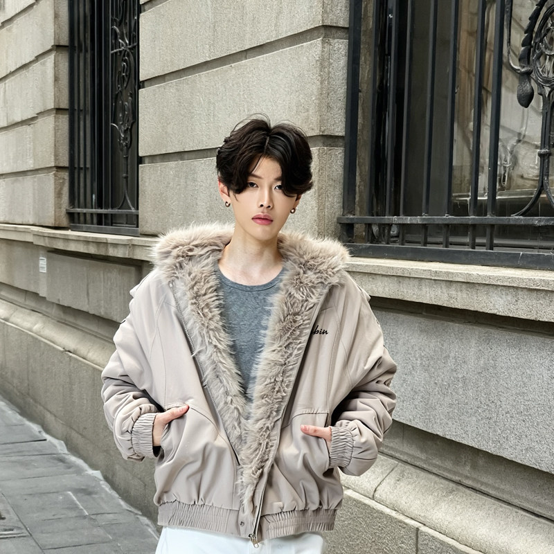 势宾SHIBIN 美式高街加厚外套男潮流高街毛领复古秋冬短款棉衣