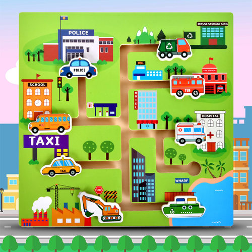 儿童益智数字动物交通星球走位迷宫轨道滑动场景配对游戏木质玩具