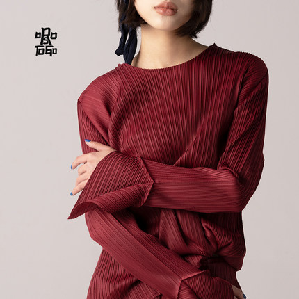 艺术家褶皱长袖上衣t恤女士2025新款设计感气质小众高级修身显瘦