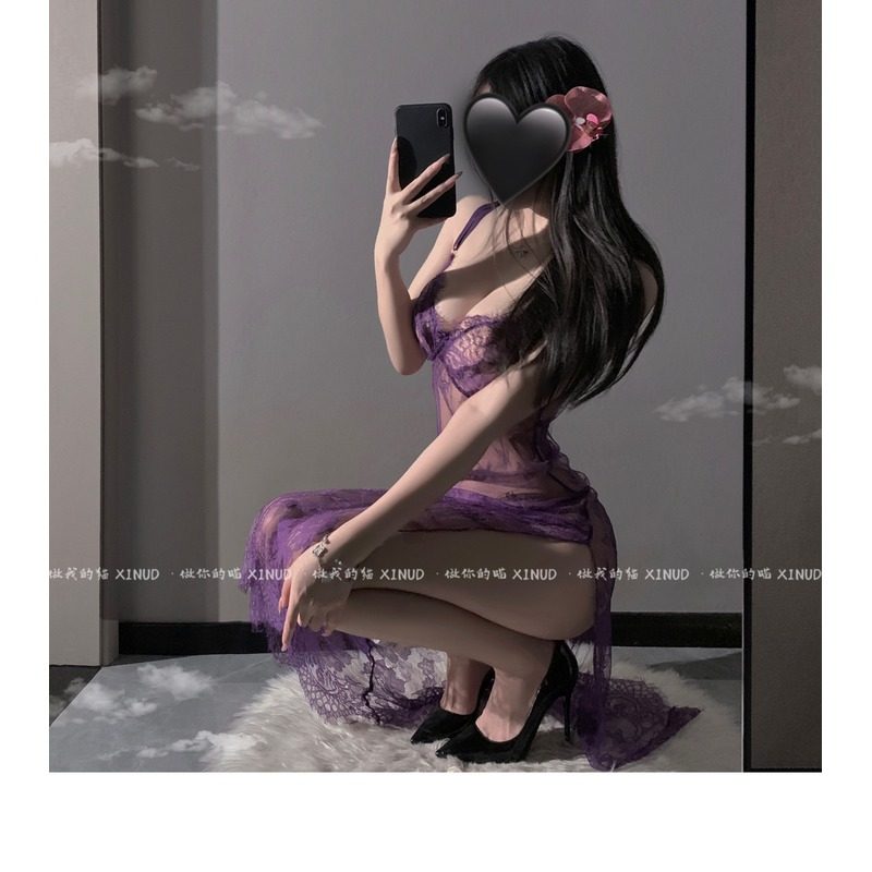 嫣紫微醺夜*韵味紫色蕾丝吊带睡裙开叉性感气质女长裙