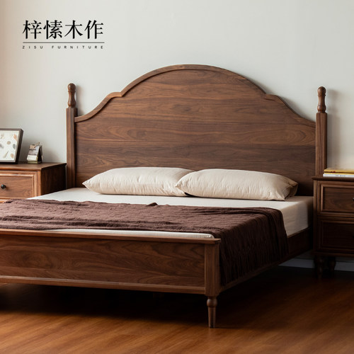 实木床美式床卧室中古风双人床家用复古北美黑胡桃木大床2米x2米2