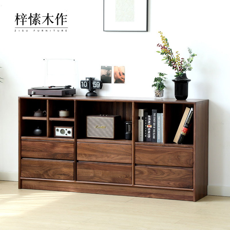 北美黑胡桃木落地书柜定制实木家用客厅置物柜斗柜一体去客厅化窄