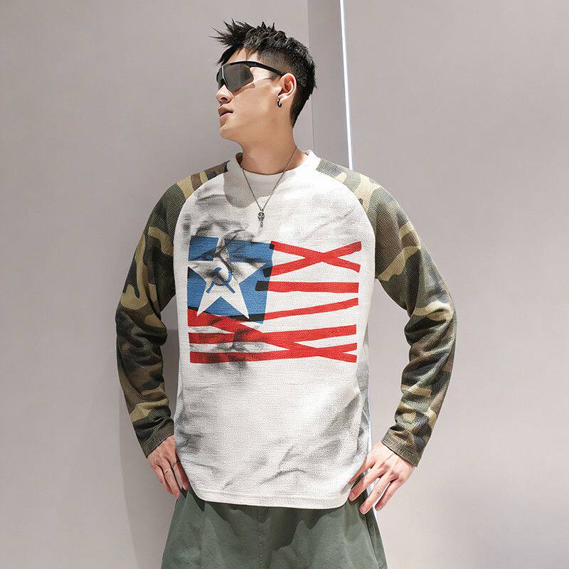 2026新款美式复古华夫格迷彩长袖潮流T恤衫宽松男春季高街打底衫