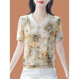 夏日女式 经典 短袖 印花衬衫 桑蚕丝上衣 新妈妈装 杭州名牌真丝衬衫