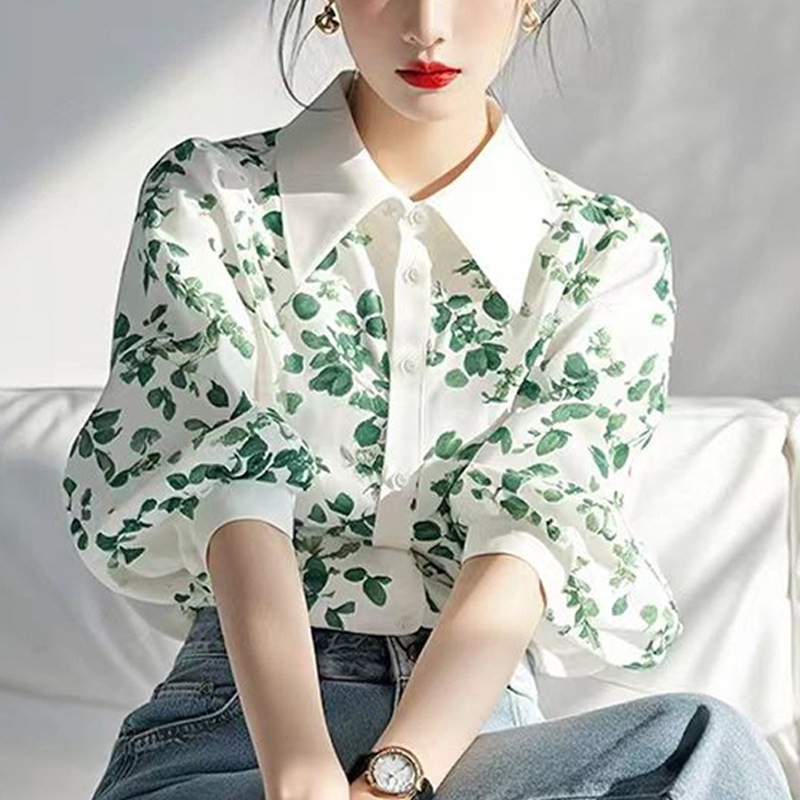 气质翻领印花真丝防晒长袖衬衫夏季薄款高级感小众泡泡袖通勤衬衣