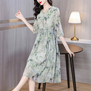 2025声雨竹新款 女 高端真丝裙子收腰显瘦气质百搭印花桑蚕丝洋装
