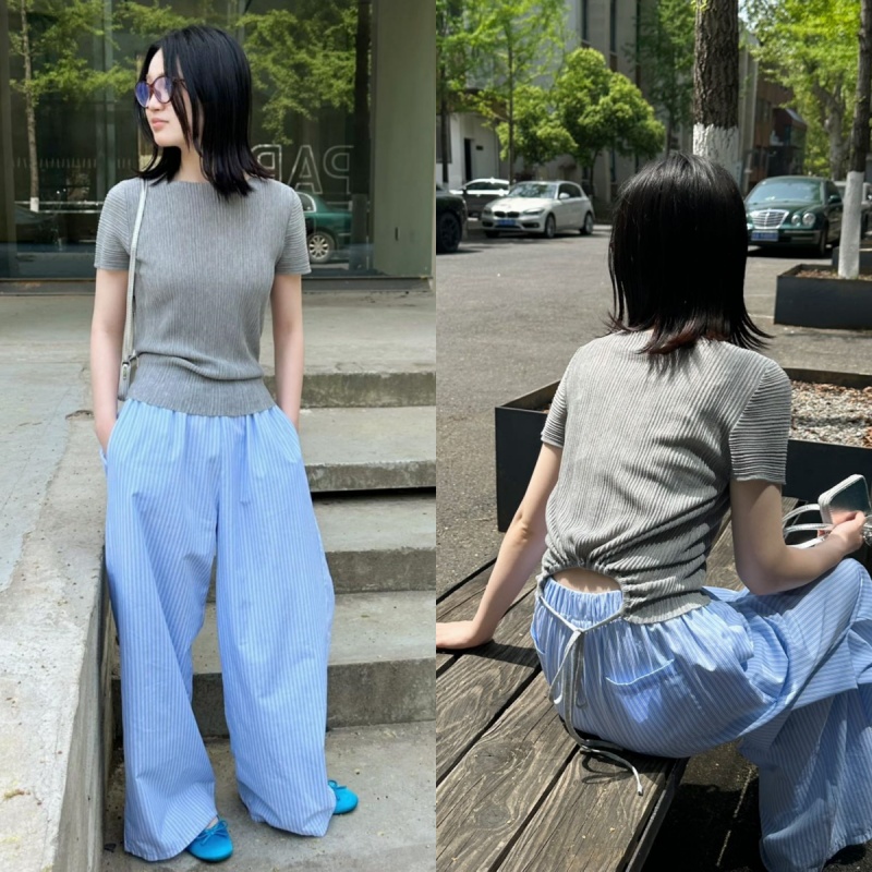 纯欲风一字领抽绳针织衫短袖女夏季清凉天丝莱赛尔修身显瘦T恤