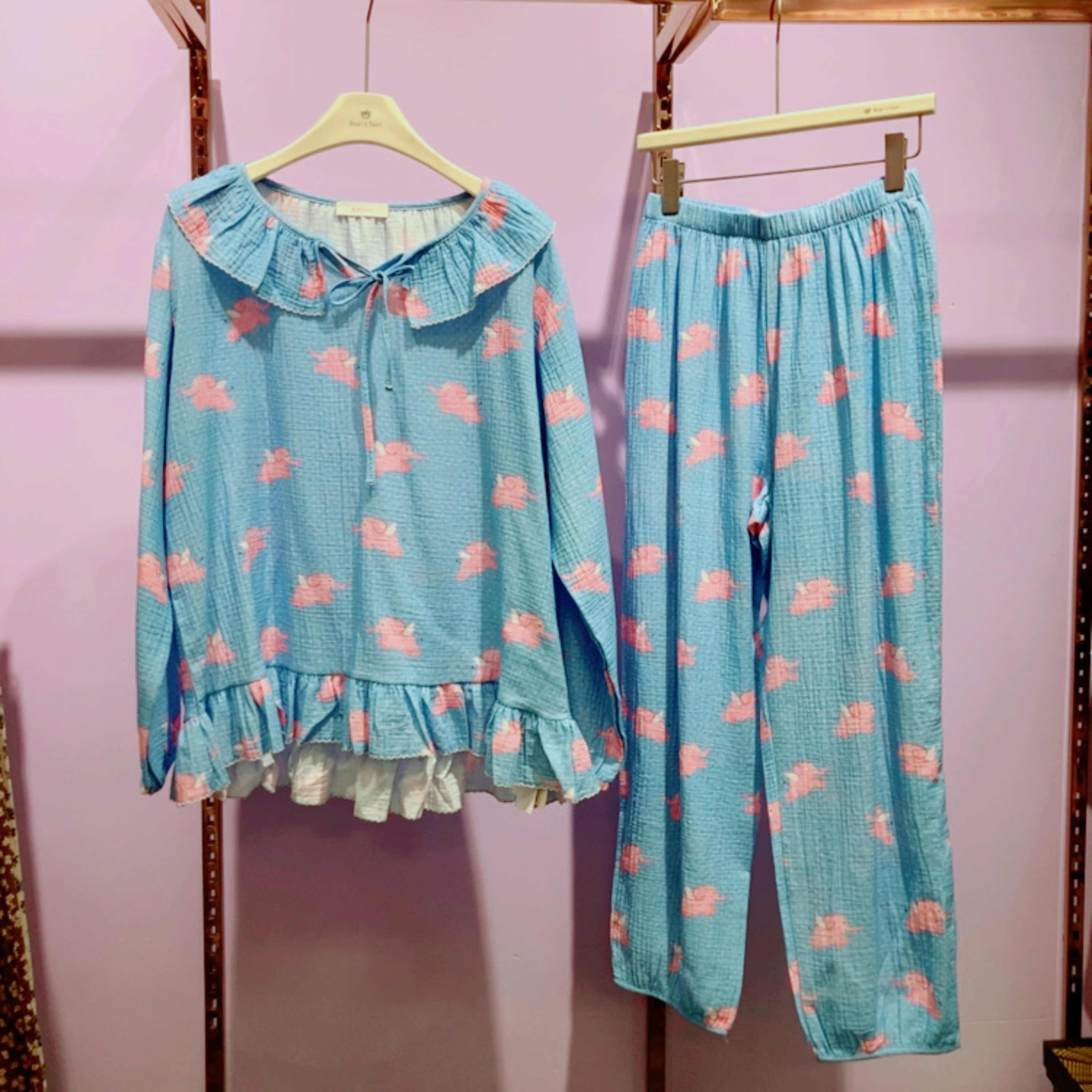 棉纱女家居服 娃娃领 荷叶边 袖口脚口微收 D-2619