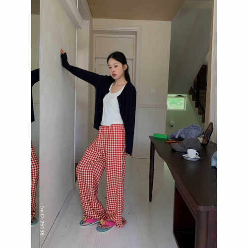 特价捡漏背心开衫格子裤三件套睡衣女春秋D-25138轻盈 软糯 温暖