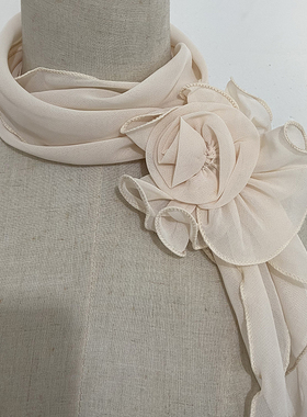 简爱丝缘长条灯笼花丝巾女杏色小长条装饰小围巾纯色细窄复古货源
