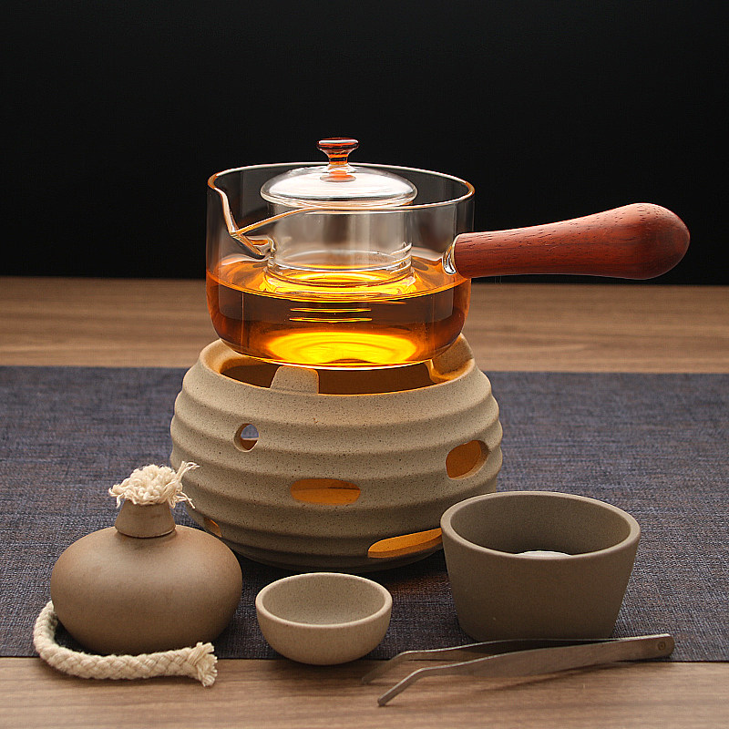 侧把煮茶壶套装粗陶泥酒精炉煮茶器蜡烛座可明火加热玻璃壶室内外