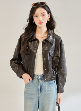 25秋季新款皮衣外套女金属丝pu短皮夹克黑色机车上衣
