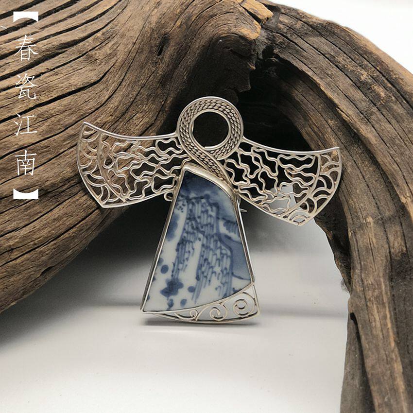 民族风汉服毛衣链女纯银青花老瓷片吊坠首饰手工个性明清古瓷镶嵌