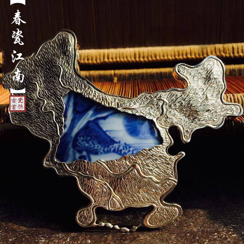 锔明清古瓷片吊坠镶嵌纯银青花古瓷首饰复古挂件饰品项链女民族风