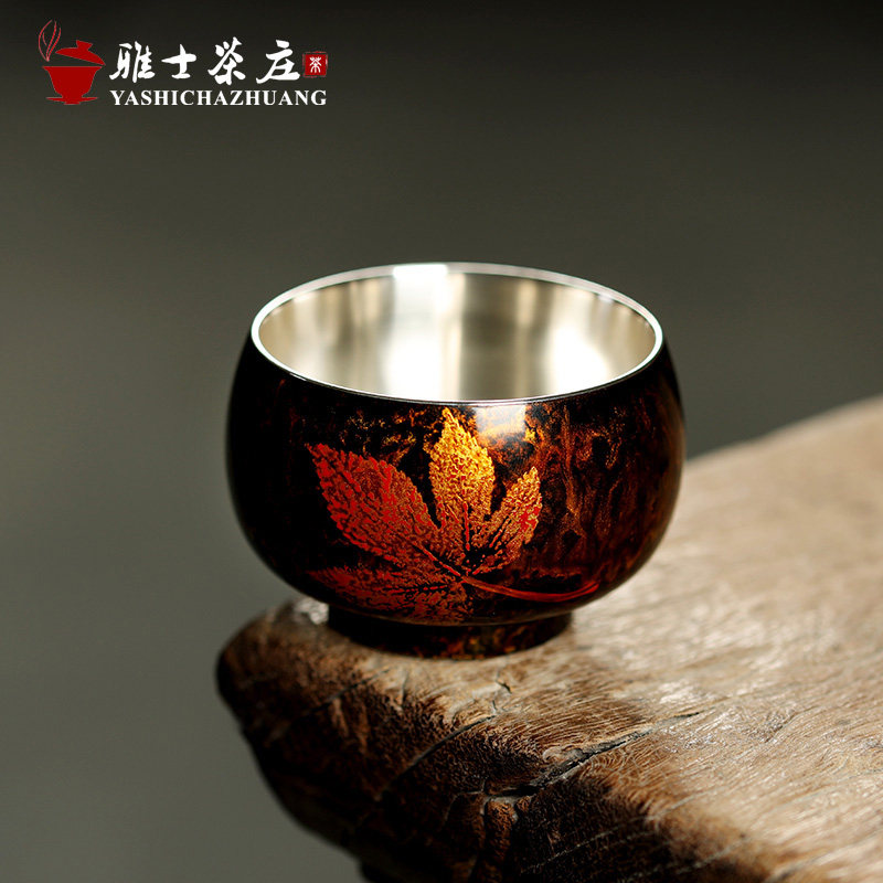 日式大漆星空茶杯创意陶瓷包银主人杯茶盏 林剑军诧寂风枫叶单杯